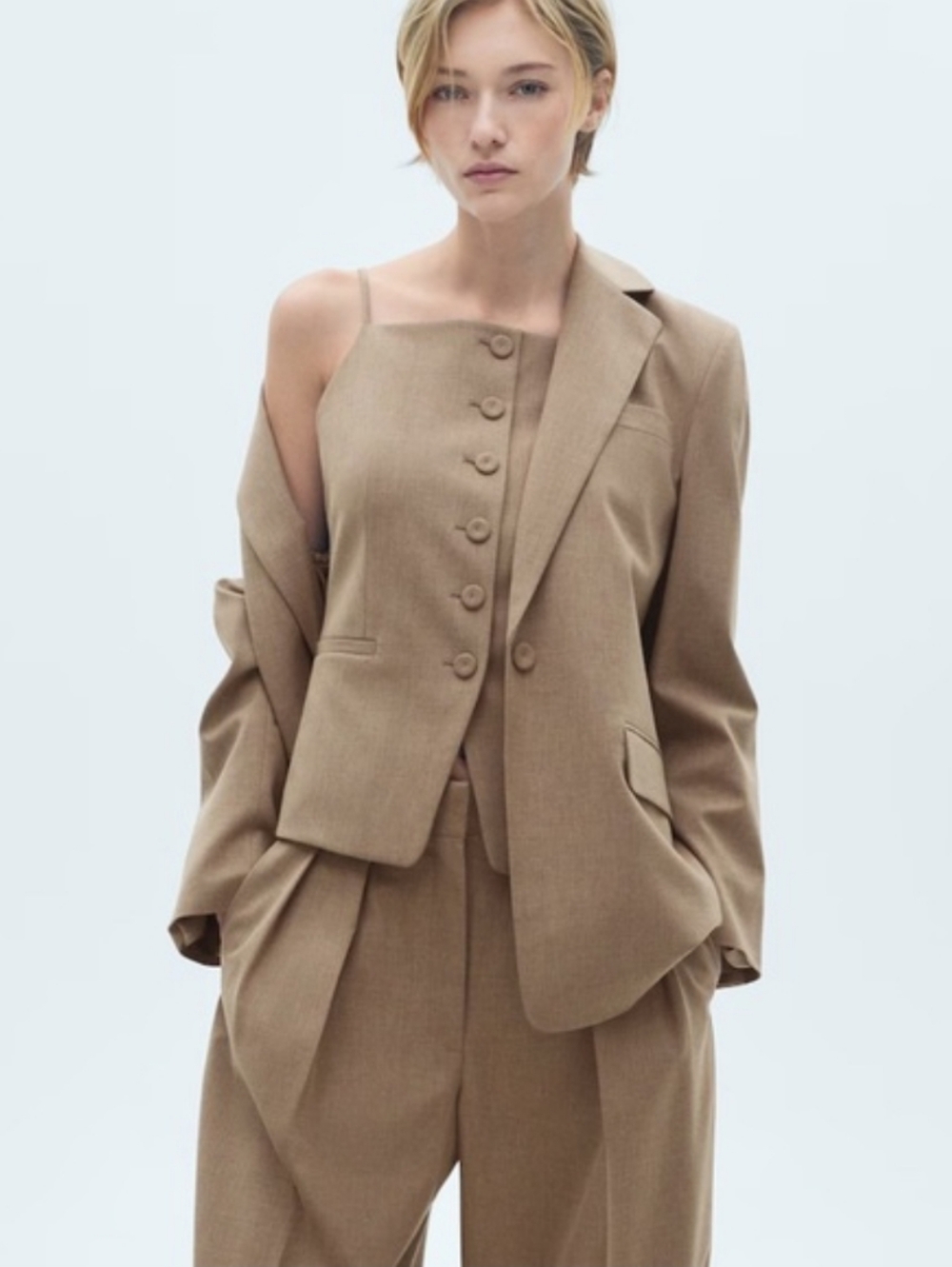 Mango Tan Button-Front Spaghetti Strap Top - Picture 4 of 9